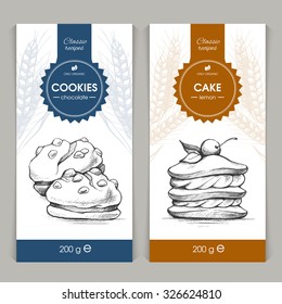 Vector set of templates packaging sweets, label, banner, poster, identity, branding. Background with sketch hand drawn illustration - cookies and cake. Stylish design for baked goods