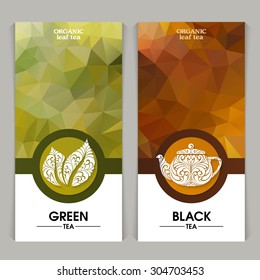 Vector set of templates packaging tea, label, banner, poster, identity, branding. Abstract color background with ornamental design elements - leaf icon, teapot. Stylish design for black and green tea