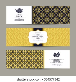 Vector set of templates packaging tea, label, banner, poster, identity, branding. Ethnic pattern background with ornamental design elements - leaf icon, teapot. Stylish design for black and green tea