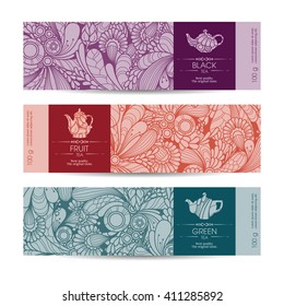 Vector set of templates packaging tea, label, banner, poster, identity, branding. Floral abstract pattern background with design elements -  teapot icon. Stylish design for black, green and fruit tea