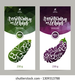 Vector set of templates packaging vegetarian food, label, banner, poster, identity, branding. Abstract color background with ornamental design elements - zucchini and eggplant. Vegetarian chips