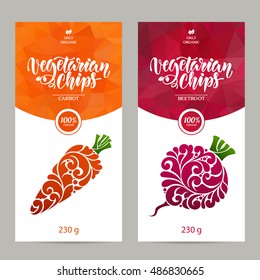 Conjunto vetorial de modelos de embalagem de alimentos vegetarianos, rótulo, banner, cartaz, identidade, branding. Fundo de cor abstrata com elementos de design ornamentais - cenoura e beterraba. Fichas vegetarianas