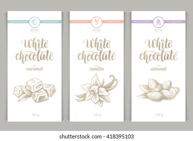 Vector set of templates packaging white chocolate, label, banner, poster, identity, branding. Background with sketch hand drawn illustration caramel, vanilla, almonds and calligraphic. Stylish design