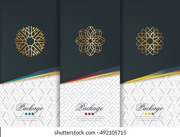 Vector set of templates packaging,black labels and frames for luxury products in geometric trendy linear style,identity,branding,golden pattern in trendy linear style,vector illustration