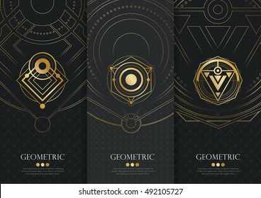 Vector set of templates packaging,black labels and frames for luxury products in geometric trendy linear style,identity,branding,golden pattern in trendy linear style,vector illustration
