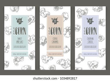 Vector set of templates popcorn, label, banner, poster, identity, branding. Color background with sketch hand drawn illustration - popcorn flakes. Stylish design