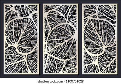 Vector set of templates of skeletonized leaves for cutting exterior. Silhouette floral pattern. Laser cut cabinet fretwork perforated panel. Metal, paper or wood carving panel. Outdoor screen. Stencil