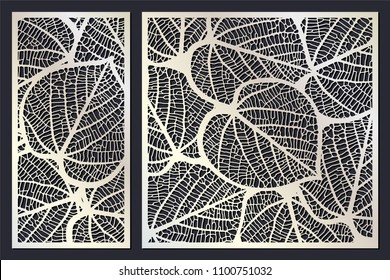 Conjunto vectorial de plantillas de hojas esqueletonizadas para cortar el exterior. Patrón floral de silueta. Panel perforado en el armario de corte láser. Panel de tallado de metal, papel o madera. Pantalla exterior. Stencil