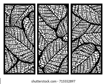 Vector set of templates of skeletonized leaves for cutting exterior. Silhouette floral pattern. Laser cut cabinet fretwork perforated panel. Metal, paper or wood carving panel. Outdoor screen. Stencil