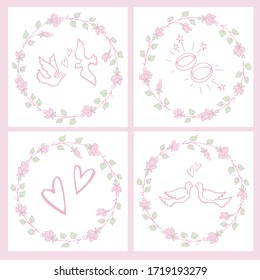 Vector set: templates of square wedding cards or invitations. Pastel pink colors romantic elements for decor with doves , engagement rings, hearts.