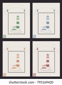 vector set templates of stamps. small souvenir sheet of four flowers with flowing ribbons and the old lighthouse