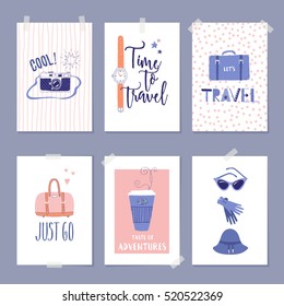 Vector set of templates with travel illustrations and lettering. For greeting card, poster, label or banner design. Retro 50's style.