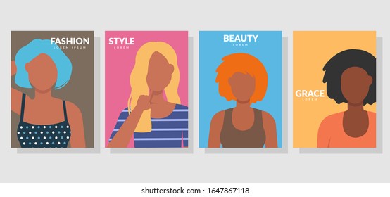 Vector set Templates with women for card, poster, flyer and other users. Sale poster concept. Happy Women illustration. Fashion portrait of a model girls