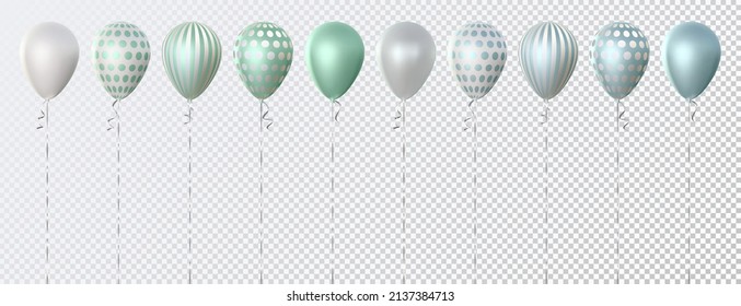 Vector set of ten 3d realistic balloons. Pearl white, pearl blue, pearl green, solid-colored, with stripes, and confetti circles. Good for birthday, anniversary, New Year, wedding, holiday event desig