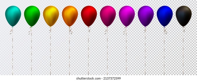 Vector set of ten colorful 3d realistic metallic air balloons. Green, blue, yellow, orange, red, purple, and black. Good for Birthday, anniversary, New Year, graduation event designs.	