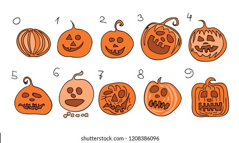 vector set of ten crazy pumpkins with numbers from zero to nine /  countdown to happy Halloween