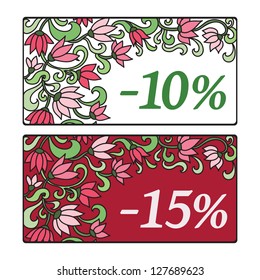 vector set of ten and fifteen percent shopping sale discount floral cards
