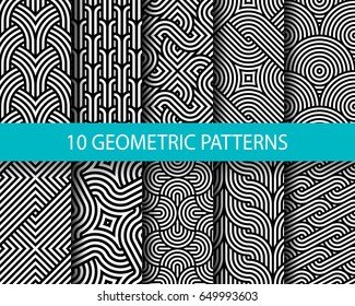 Vector set of ten geometric linear patterns. Collection of seamless monochrome swatches for your design.