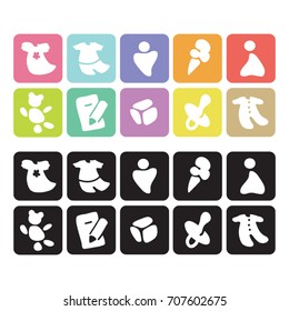 Vector set of ten pictogram for children's store in two palettes. Black and white and colorful