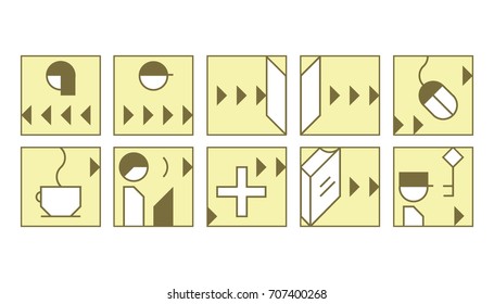 Vector set of ten pictogram for college, university, school in brown and yellow colors