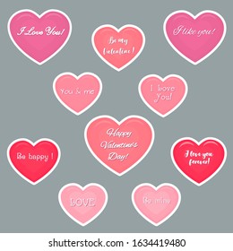 Vector set of ten pink hearts stickers in white stroke stickers with text about love. Valentine s day or wedding for your design. Flat style.