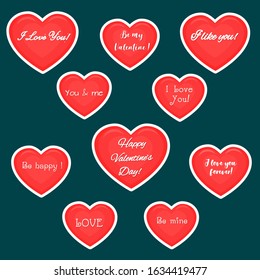 Vector set of ten red hearts stickers in white stroke with text about love, isolated on dark background. Valentine s day or wedding for your design. Flat style.