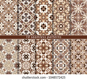 Vector set of ten seamless abstract patterns in shades of brown. Decorative and design elements for textile, book covers, manufacturing, wallpapers, print, gift wrap.