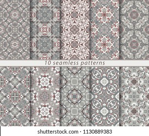Vector set of ten seamless abstract patterns in shades of pink and gray. Decorative ornaments for textile, book covers, gift wrap.