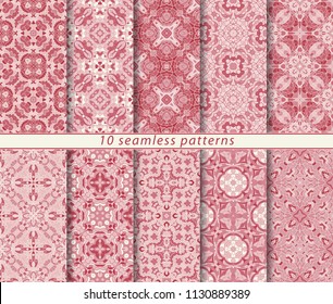 Vector set of ten seamless abstract patterns in shades of pink. Decorative and design elements for textile, book covers, manufacturing, wallpapers, print, gift wrap.