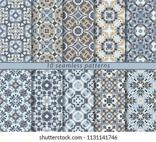 Vector set of ten seamless abstract patterns in shades of blue. Decorative and design elements for textile, book covers, manufacturing, wallpapers, print, gift wrap.