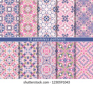 Vector set of ten seamless abstract patterns in shades of blue and pink. Decorative and design elements for textile, book covers, manufacturing, wallpapers, print, gift wrap.