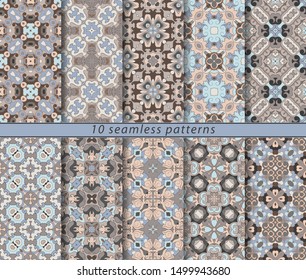 Vector set of ten seamless abstract patterns in shades of blue. Decorative and design elements for textile, book covers, manufacturing, wallpapers, print, gift wrap.