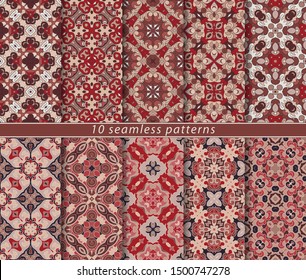 Vector set of ten seamless abstract patterns in ethnic style. Decorative and design elements for textile, book covers, print, gift wrap.