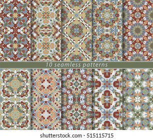 Vector set of ten seamless abstract patterns. Decorative and design elements for textile, book covers, manufacturing, wallpapers, print, gift wrap.