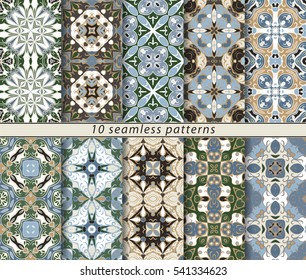 Vector set of ten seamless abstract patterns. Decorative and design elements for textile, book covers, manufacturing, wallpapers, print, gift wrap.