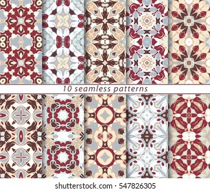 Vector set of ten seamless abstract patterns in shades of red. Decorative and design elements for textile, book covers, manufacturing, wallpapers, print, gift wrap.