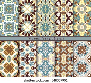 Vector set of ten seamless abstract patterns. Decorative and design elements for textile, book covers, manufacturing, wallpapers, print, gift wrap.