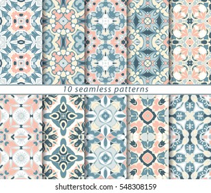 Vector set of ten seamless abstract patterns in shades of blue and pink. Decorative and design elements for textile, book covers, manufacturing, wallpapers, print, gift wrap.