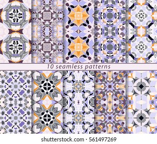 Vector set of ten seamless abstract patterns in shades of orange and lilac. Decorative and design elements for textile, book covers, manufacturing, wallpapers, print, gift wrap.