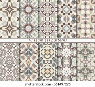 Vector set of ten seamless abstract patterns in shades of light brown. Decorative and design elements for textile, book covers, manufacturing, wallpapers, print, gift wrap.