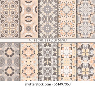 Vector set of ten seamless abstract patterns in shades of light brown. Decorative and design elements for textile, book covers, manufacturing, wallpapers, print, gift wrap.