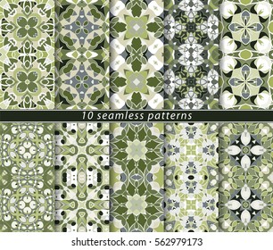 Vector set of ten seamless abstract patterns in shades of green. Decorative and design elements for textile, book covers, manufacturing, wallpapers, print, gift wrap.