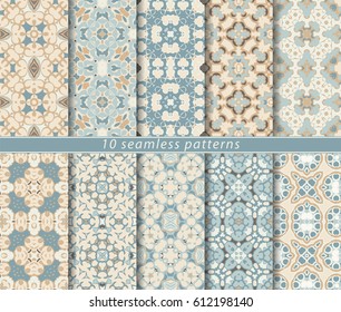 Vector set of ten seamless abstract patterns. Decorative and design elements for textile, book covers, manufacturing, wallpapers, print, gift wrap.