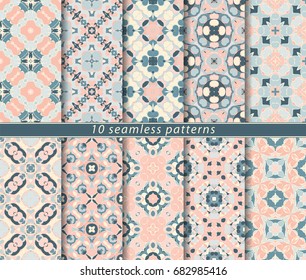 Vector set of ten seamless abstract patterns in shades of blue and pink. Decorative and design elements for textile, book covers, print, gift wrap.