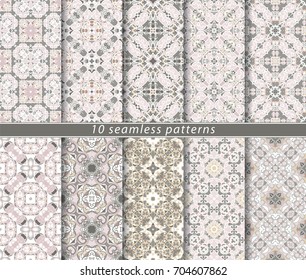 Vector set of ten seamless abstract patterns in shades of light brown. Decorative and design elements for textile, book covers, manufacturing, wallpapers, print, gift wrap.