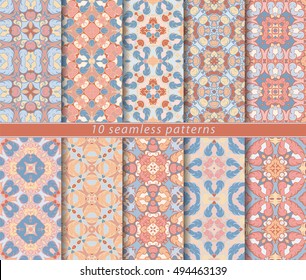Vector set of ten seamless floral patterns. Decorative and design elements for textile, book covers, manufacturing, wallpapers, print, gift wrap.