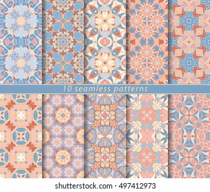 Vector set of ten seamless floral patterns. Decorative and design elements for textile, book covers, manufacturing, wallpapers, print, gift wrap.