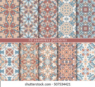 Vector set of ten seamless floral patterns. Decorative and design elements for textile, book covers, manufacturing, wallpapers, print, gift wrap.