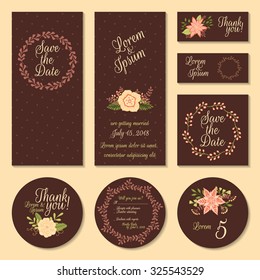 Vector set of tender wedding, baby shower invitation, congratulation cards. Save the date / invitation, Thank you / RSVP, table number, tags, labels