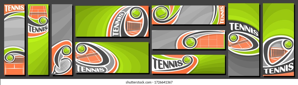 Vector set of Tennis Banners, vertical and horizontal decorative art templates for tennis events with illustration of sport court and flying on curve trajectory tennis ball on grey abstract background